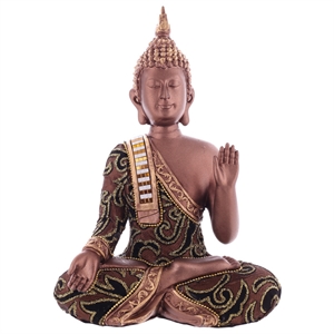 Buddha BUD287 siddende kobberfarvet med mønster polyresin h:31cm - Se Buddha figurer
